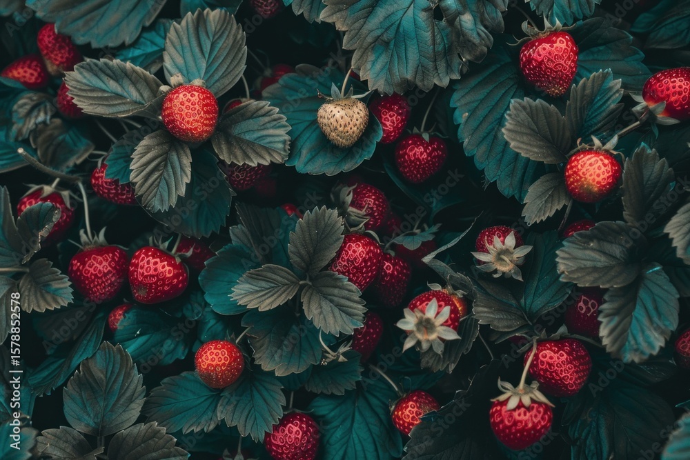Naklejka premium Close up of vibrant red strawberries ripening amongst lush green leaves, showcasing the beauty of nature's bounty