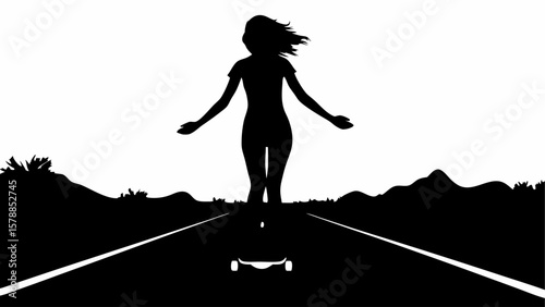 Silhouette of woman skateboarding on a road with mountains and vegetation in the background under a white sky
