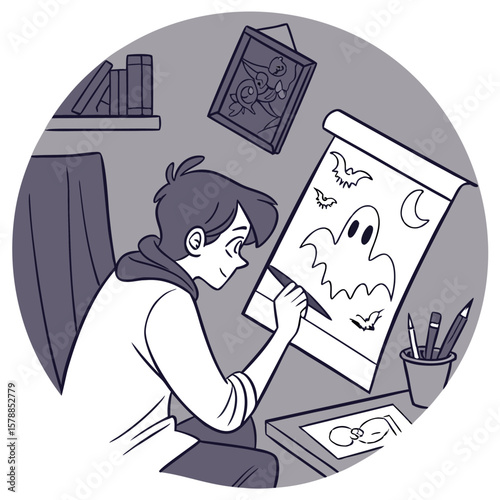 Person drawing a halloween themed picture with a ghost bats and moon on a drawing board at a desk indoors