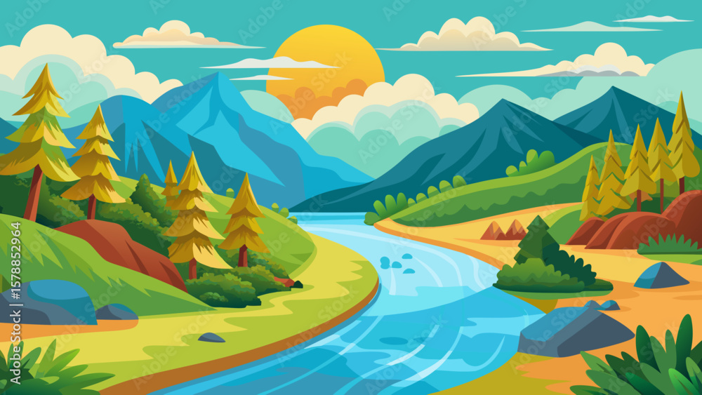 Obraz premium Vibrant cartoon landscape with a winding river pine trees and mountains at sunset