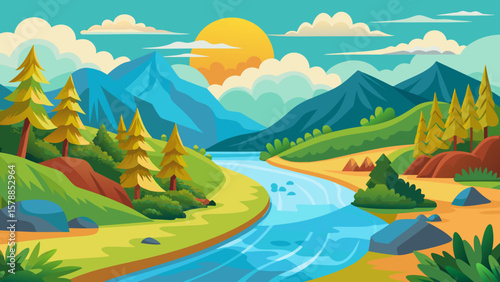 Vibrant cartoon landscape with a winding river pine trees and mountains at sunset