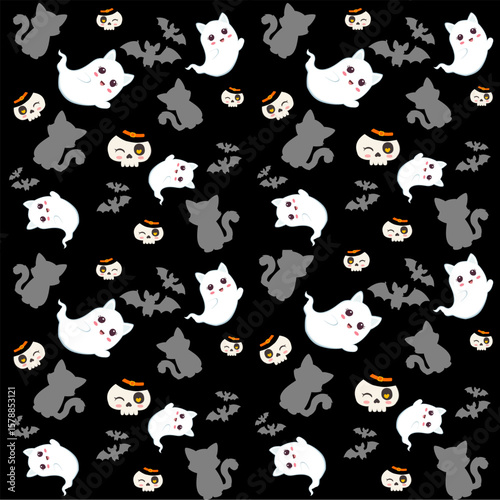 Cute seamless Halloween pattern with ghost cats, bats, and skulls on black background. Perfect for kids’ spooky designs, party decorations, and digital paper.
