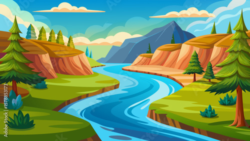 Stylized cartoon landscape with a winding river flowing through green hills and mountains under a blue sky with clouds