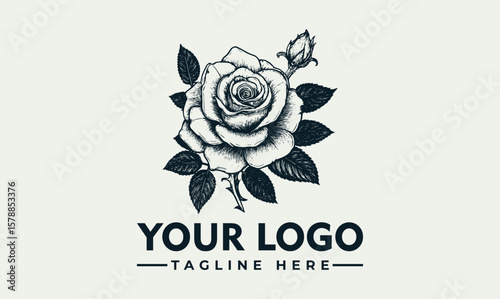 Elegant monochrome rose logo design, featuring detailed petals, leaves, and bud, with space for tagline.
