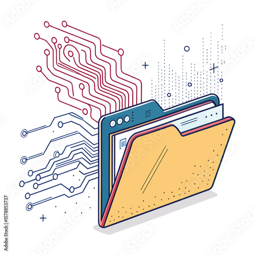 Yellow folder with digital circuit lines and data streams