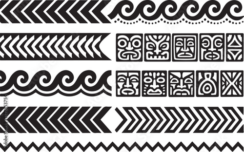 Collection of black and white tribal ornamental borders featuring chevron patterns waves and stylized faces in a graphic design style