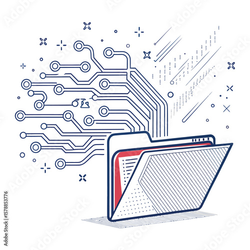 Folder with digital circuit lines and data stream vector