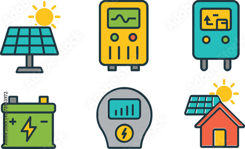 Solar Panel System Icon Set – Color Vector Symbols for PV Home, Inverter, Battery, Charge Controller & Off-Grid Energy