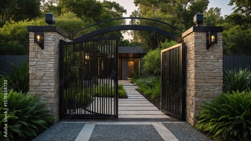 Obraz premium Modern black metal gate at luxury residence entrance surrounded by lush green landscaping, elegant architecture and natural outdoor lighting creating a secure and stylish impression. See Less
