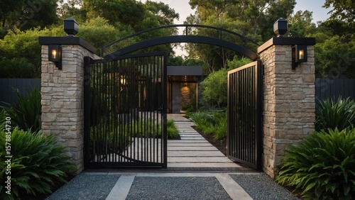Modern black metal gate at luxury residence entrance surrounded by lush green landscaping, elegant architecture and natural outdoor lighting creating a secure and stylish impression. See Less