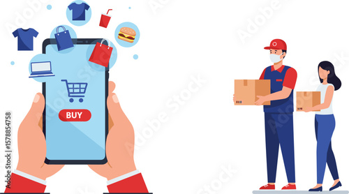 Online shopping on mobile, fast home delivery service, courier with boxes, customer receiving parcel, e-commerce technology, digital retail illustration
