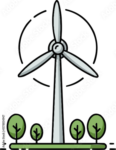 Wind turbine icon in minimalist style generates clean energy in an environmentally friendly way with the trees.