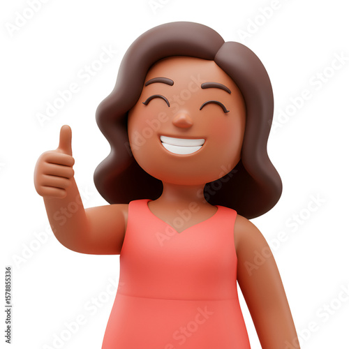 3D Cartoon of Cheerful Brunette Woman Gives Thumbs Up with Transparent Background