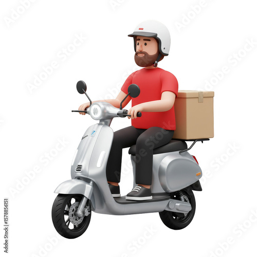 3D Delivery Man Riding Scooter with Package and Helmet Isolated