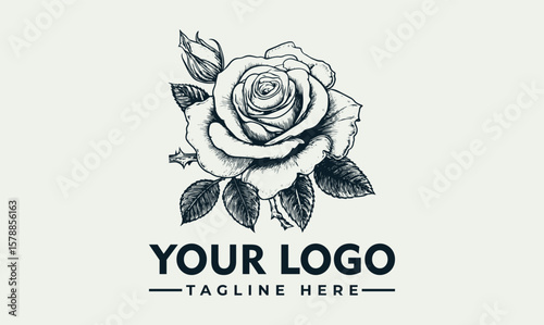 Elegant hand-drawn rose logo design, monochrome, with leaves and tagline space.