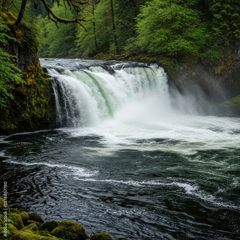 Fototapeta premium Lush green forest waterfall with dark water and mossy rocks