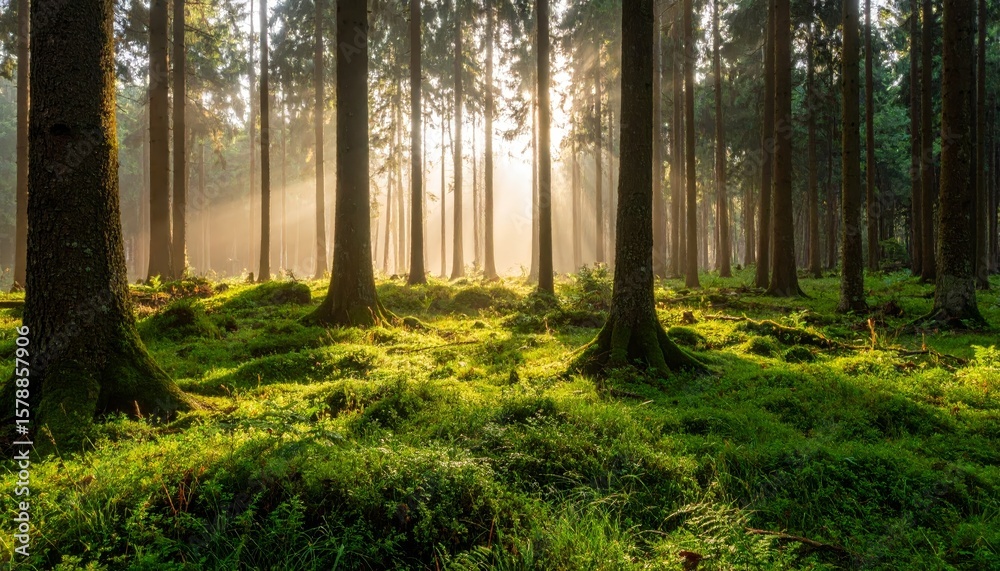 Obraz premium Sundappled forest, serene nature photography of sunlight streaming through trees