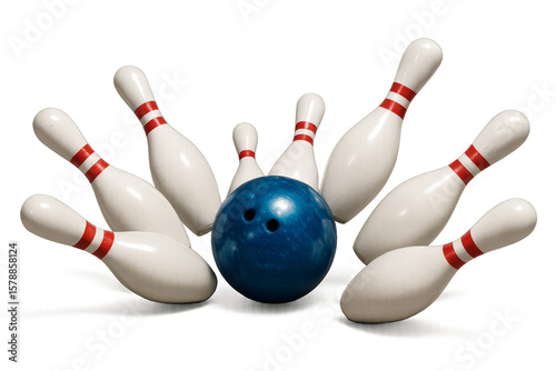 Bowling strike with blue ball and white pins falling on transparent background