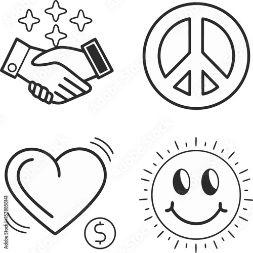handshake peace heart smiley symbols line art set