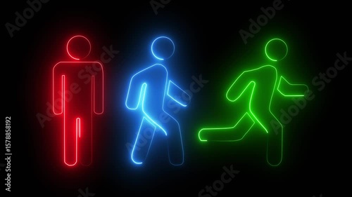 Sport running and fitness activity people animation in digital neon style on black background.