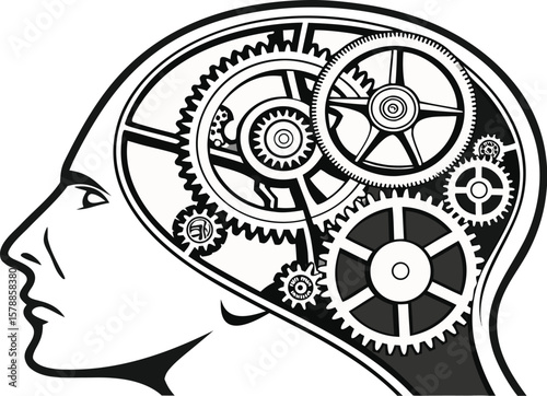 human head with gears showing thinking process idea