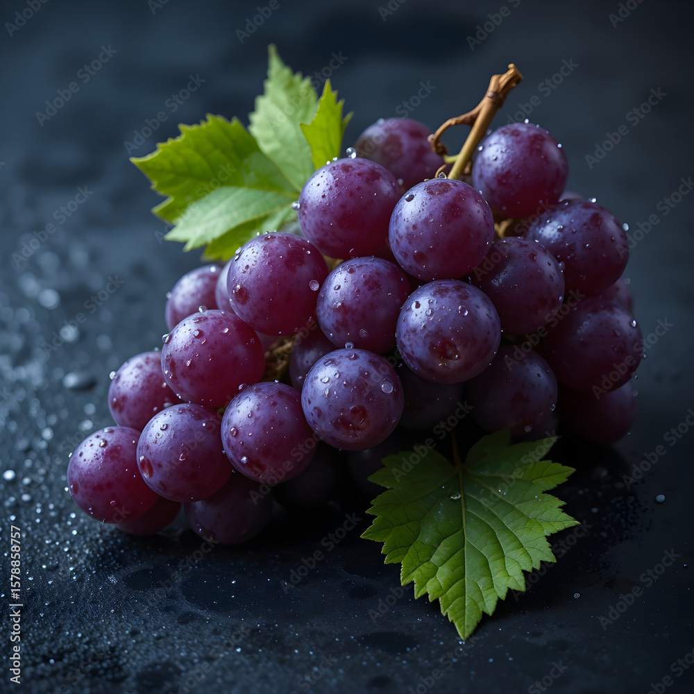 Fototapeta premium Fresh purple grapes with a few green leaves