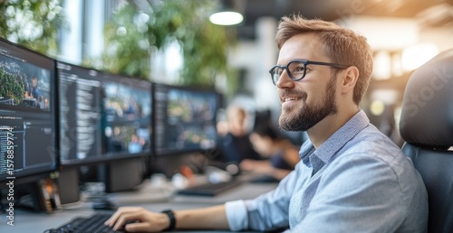 Smiling man working on multiple computer screens in modern office