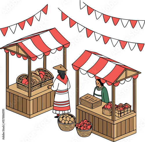 traditional market stall with red white canopy flags