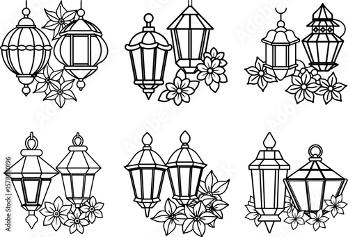A set of Lanterns and Flower black outline vector and illustration, coloring book page
