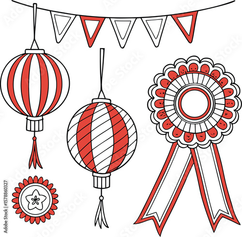 red white lantern badge ribbon bunting line drawing