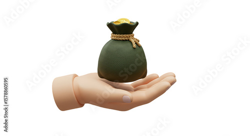 3D Hand Holding Bag of Gold Coins Offering Money Finance