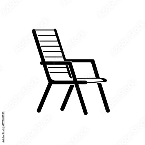 A black and white illustration of a deck chair isolated on white background