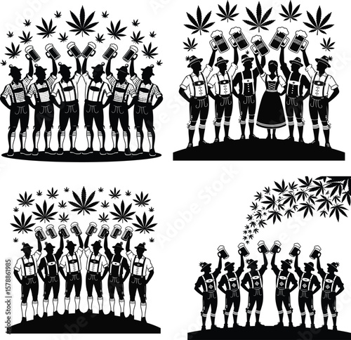 Bavarian men raising beer mugs with cannabis leaves