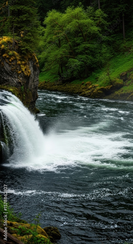 Fototapeta premium Lush green forest surrounds a powerful waterfall cascading into dark turbulent water