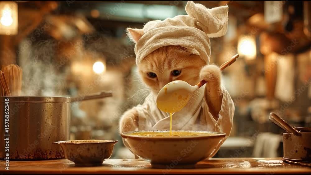 A cat, dressed as a chef, is preparing food in a kitchen. The cat is adding the final touch to its dish