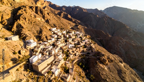 Aerial View of Mountain Village at Sunset.