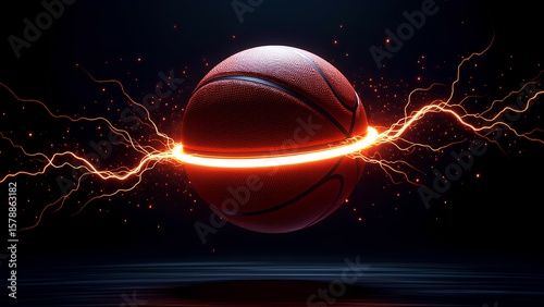 An epic basketball levitates on a dark court, dramatically encircled by a glowing orange ring of electrical lightning and fiery sparks, showcasing immense power, intense energy, and dyn