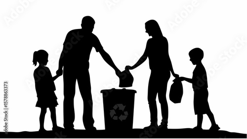 Silhouette of a family recycling waste together outside