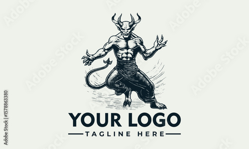 A powerful, muscular Minotaur-like demon logo design, rendered in a vintage, etched style.