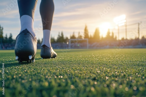 Soccer player walking field sunset
