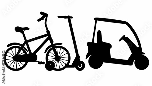 Silhouette of bicycle scooter and auto rickshaw