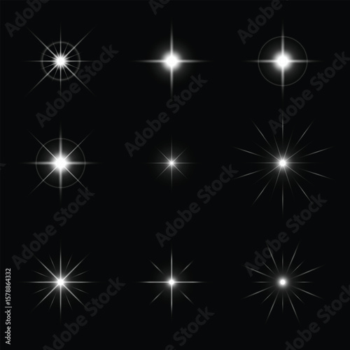Wallpaper Mural Shiny star light flare vector set with glowing sparkle effects on black background, transparent bright burst collection for decoration and design Torontodigital.ca