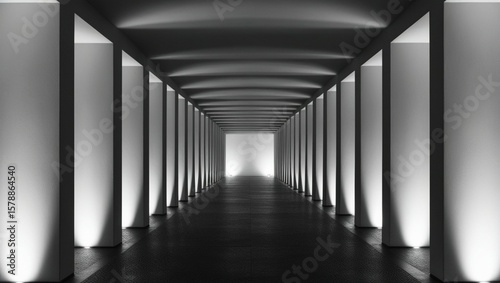 A modern architectural corridor in a minimalist style, featuring a symmetrical layout, decorated with rectangular columns spaced equally on both sides. The columns receive light from below.