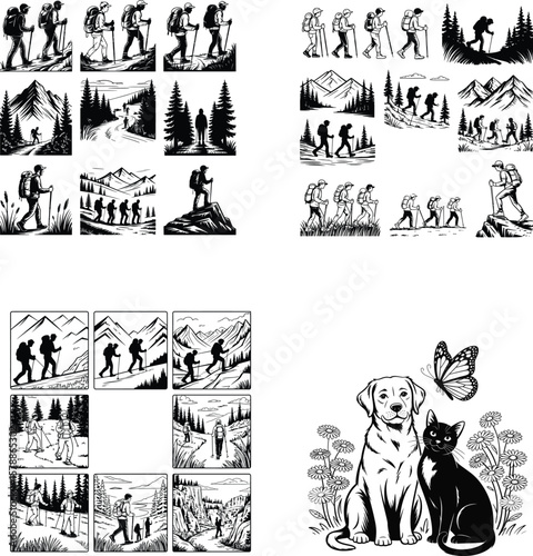 Hikers with backpacks and poles in mountain landscapes and animals
