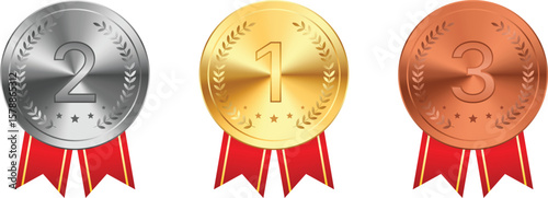 Glossy round medal vector set with red ribbon tails and embossed laurel, 1st to 3rd place award icons for ranking or event illustration