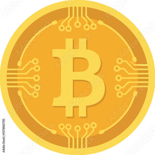 Golden Bitcoin cryptocurrency coin, digital currency symbol, circuit board design.