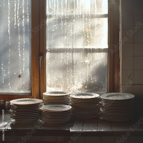 Stacked plates near window