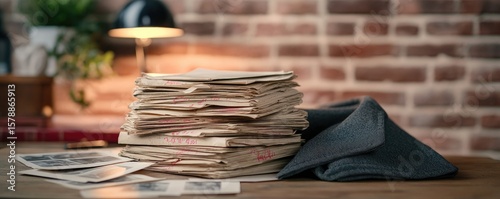 Stack of old papers and a cap on a wooden desk with a brick wall background