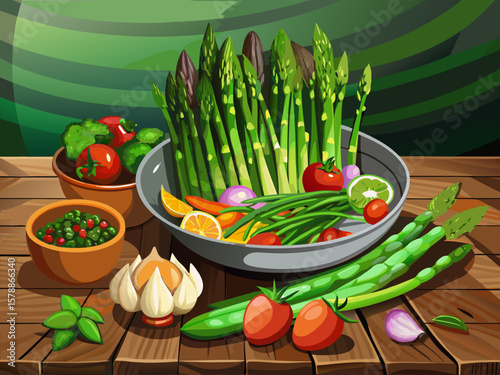 vector of Green asparagus artfully arranged in a bowl with fresh vegetables and beautiful food arrangement in a dark dish on a rustic wooden dining table.