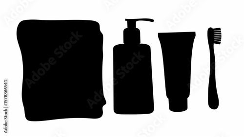 Silhouette of bathroom essentials on white background